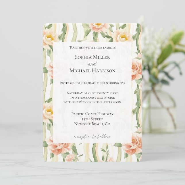 Convites Peach Mint Roses Floral Stripes Wedding (Em pé/Frente)