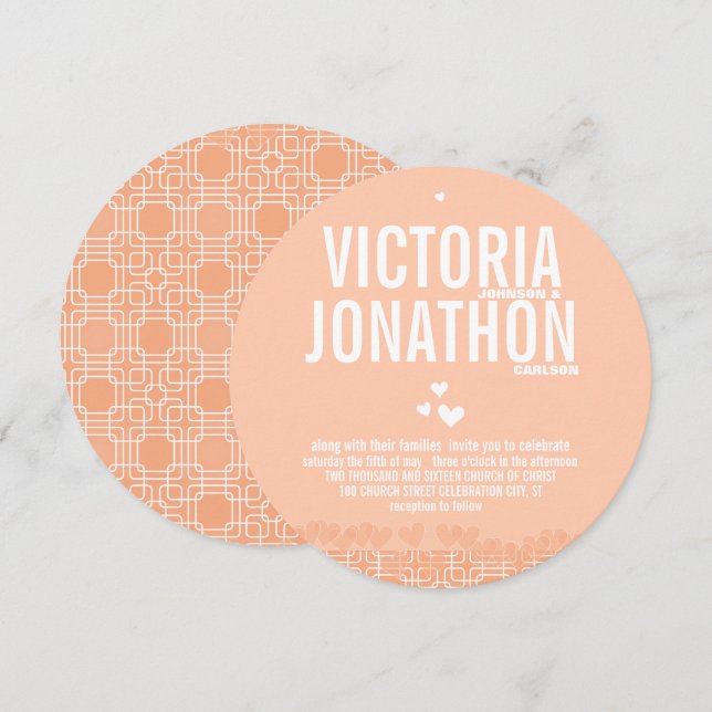 Convites Peach Modern HeartsTypografia Wedding (Frente/Verso)