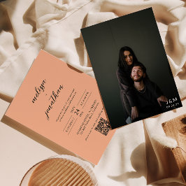 Convites Peach Modern Photo Script Monograma Código QR Casa