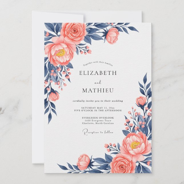 Convites Peach Navy Exquisite Floral Wedding (Frente)