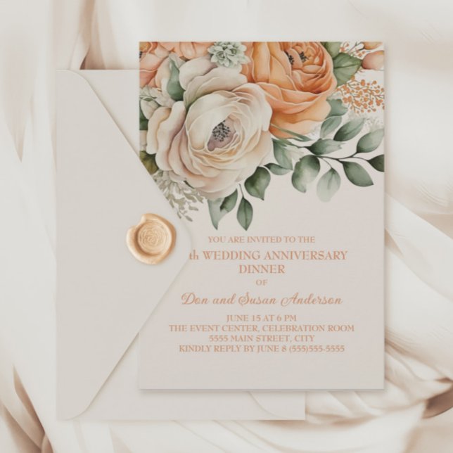 Convites Peach Orange Cream Floral 25º Aniversário (Peach and cream-colored 25th wedding anniversary dinner party invitation)