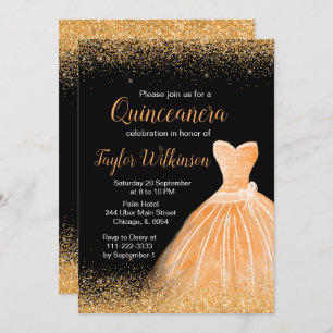 Convites Peach Orange Dress Faux Glitter Quinceanera