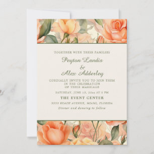 Convites Peach Orange Watercolor Floral Cream Weds