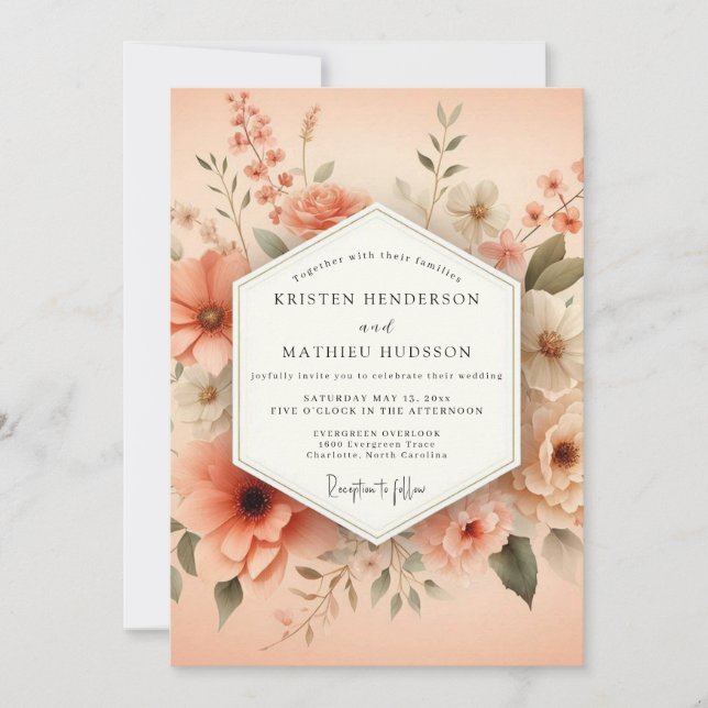 Convites Peach Painterly Bloom Wedding (Frente)