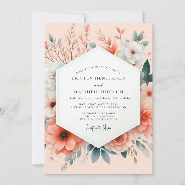 Convites Peach Painterly Botanical Wedding (Frente)
