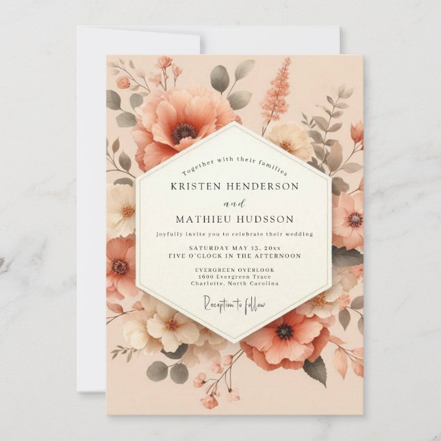 Convites Peach Painterly Poppy Wedding (Frente)
