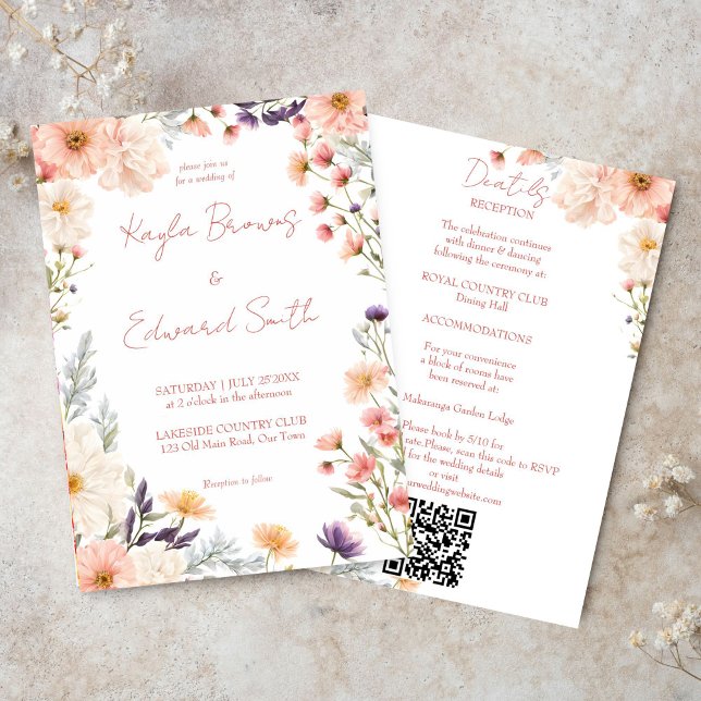 Convites Peach pastel boho wilflower todos num único casame (Peach pastel boho wildflowers all in one wedding invitation editable template digital download)