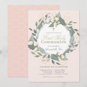 Convites Peach Pink Cotton Wreath First Santa Comunhão