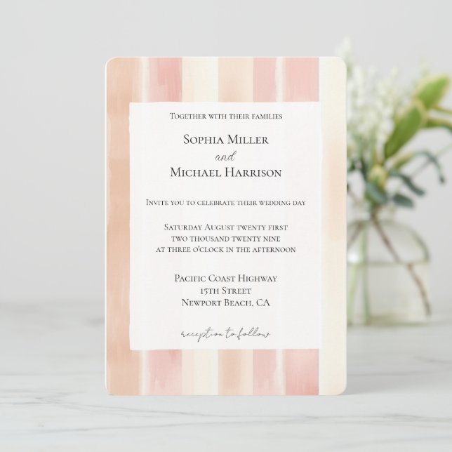 Convites Peach Pink Cream Stripes Wedding (Em pé/Frente)