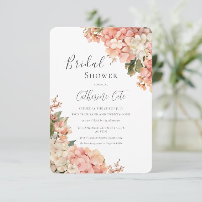 Convites Peach & Pink Hydrangeas Floral Bridal Shower (Em pé/Frente)