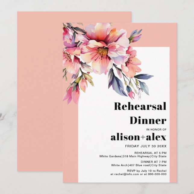 Convites Peach-pink rhododendron wedding rehearsal dinner (Frente/Verso)