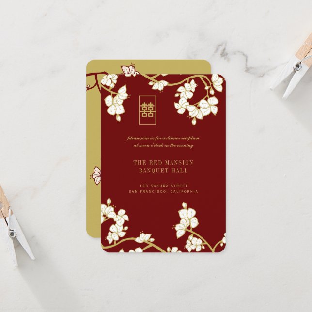 Convites Peach/Plum Blossomo Felicidade Dupla Recepção Verm (Frente/Verso In Situ)