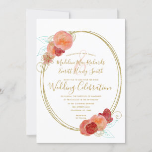 Convites Peach Red Dourada Floral Wreath Invitation