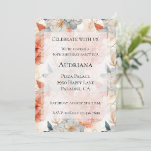 Convites Peach Rosa Blue Floral White Marble Birday