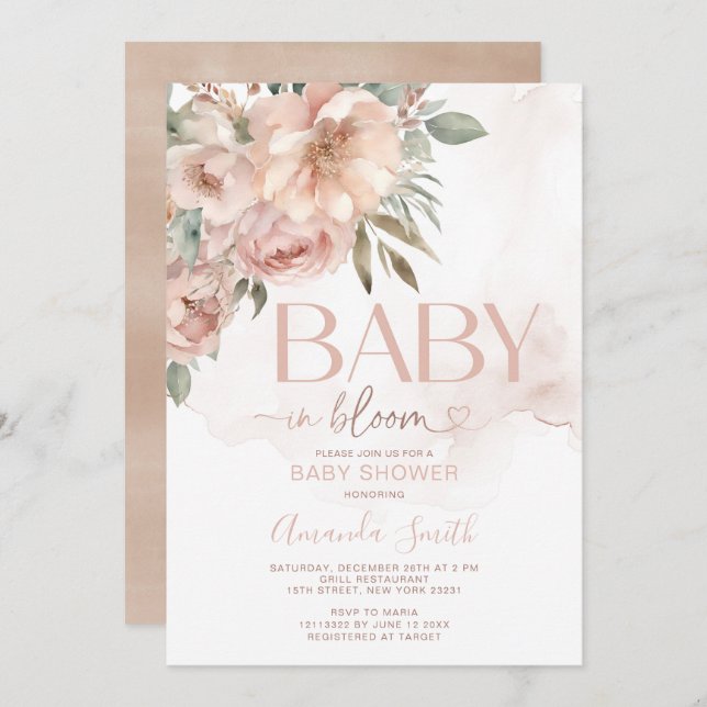 Convites Peach Rosa Dourado Flores Bebê Em Chá de fraldas D (Frente/Verso)