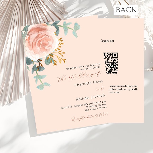 Convites Peach rosa gold florals verde QR RSVP casamento (Criador carregado)