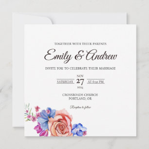 Convites Peach Rose Azul Floral Aquarela Quadrada Casamento