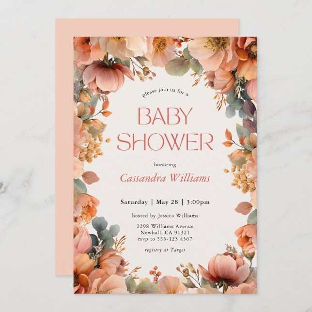 Convites Peach Sage Floral Baby Shower (Frente/Verso)
