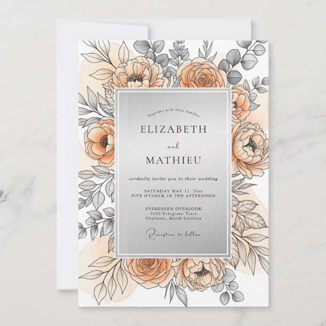 Convites Peach Silver Refined Spring Wedding (Frente)