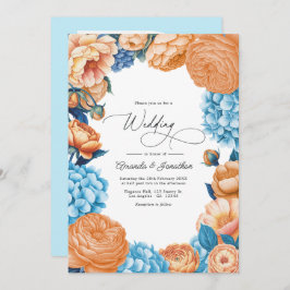 Convites Peach & Sky Blue Watercolor Floral Wedding QR Code