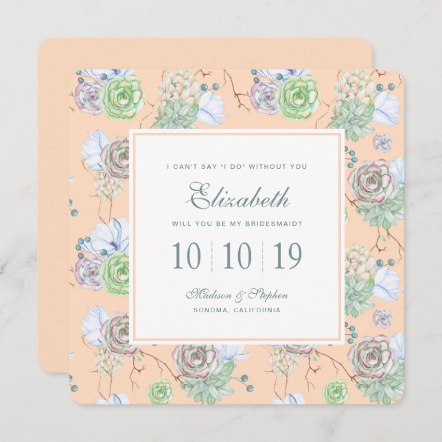 Convites Peach Succults Floral Watercolor - Bridesmaid (Frente/Verso)
