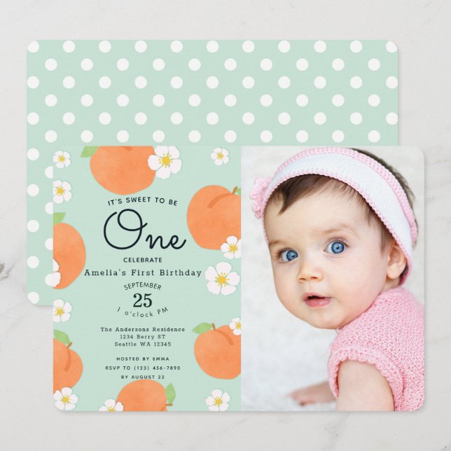 Convites Peach Sweet para ser uma foto de primeiro aniversa (Frente/Verso)