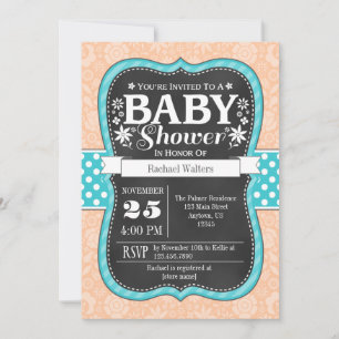 Convites Peach Teal Chalkboard Floral Chá de fraldas Invite