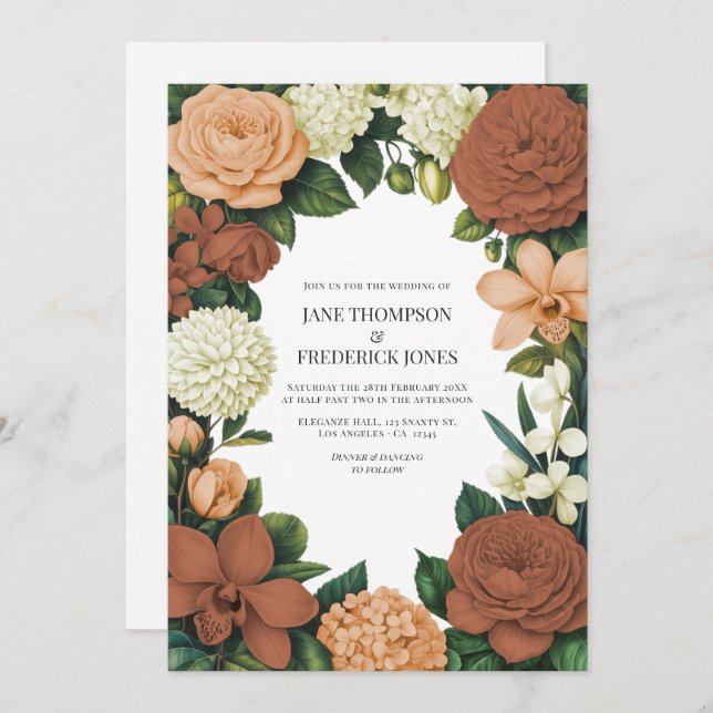 Convites Peach, Terracotta & Cream Floral Wedding (Frente/Verso)