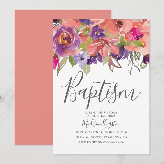 Convites Peach Tropical Flowers Boy Baptism Invite (Frente/Verso)