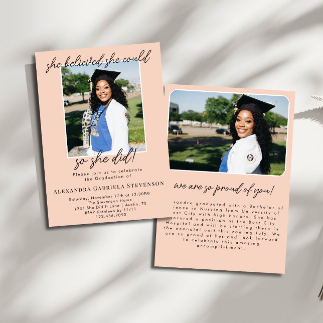 Convites Peach Two Photo Script Graduation Announcement  (Criador carregado)