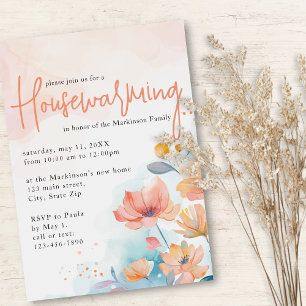 Convites Peach Watercolor Floral Housearming Party
