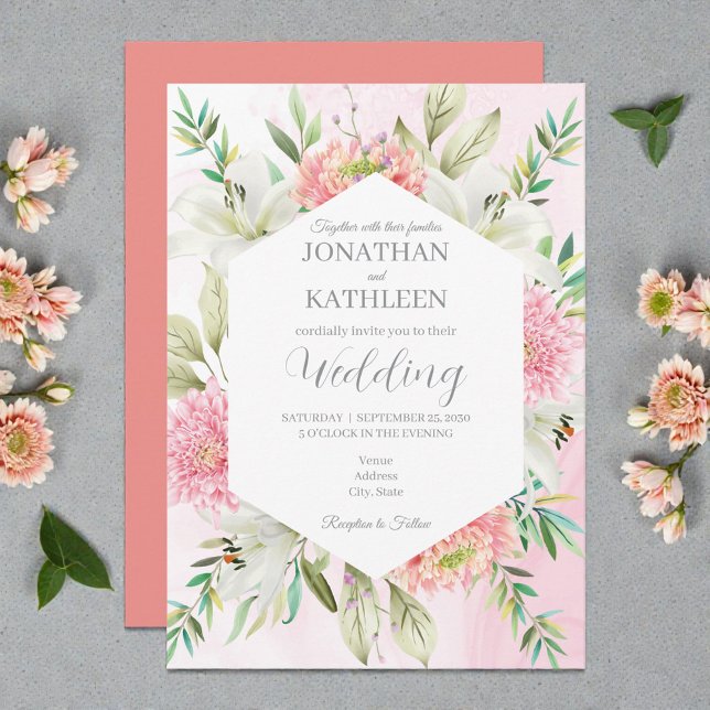 Convites Peach Watercolor Floral Wedding Invitation (Criador carregado)