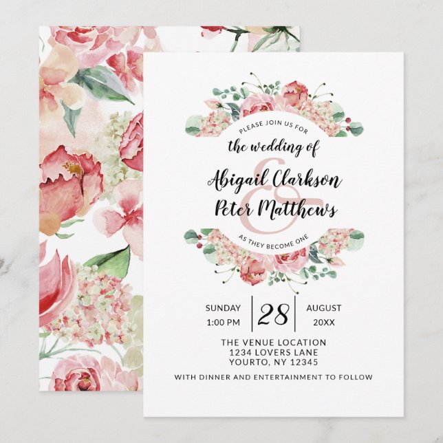 Convites Peach Watercolor Floral Wreath Chic Weds (Frente/Verso)