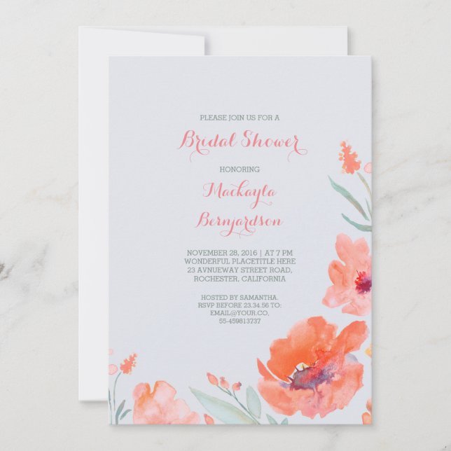 Convites Peach Watercolor Florals Chá de panela de Cuada (Frente)