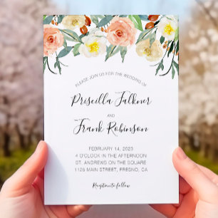 Convites Peach Watercolor Flowers All In One Wedding (Flore