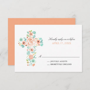 Convites Peach Watercolor Flowers Cross First Communes