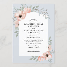 Convites Peach Watercolor Flowers Dusty Blue Casamento