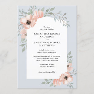 Convites Peach Watercolor Flowers Dusty Blue Casamento