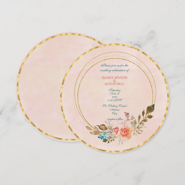 Convites Peach Watercolor Rosas e Dourada estrutura geométr (Frente/Verso)