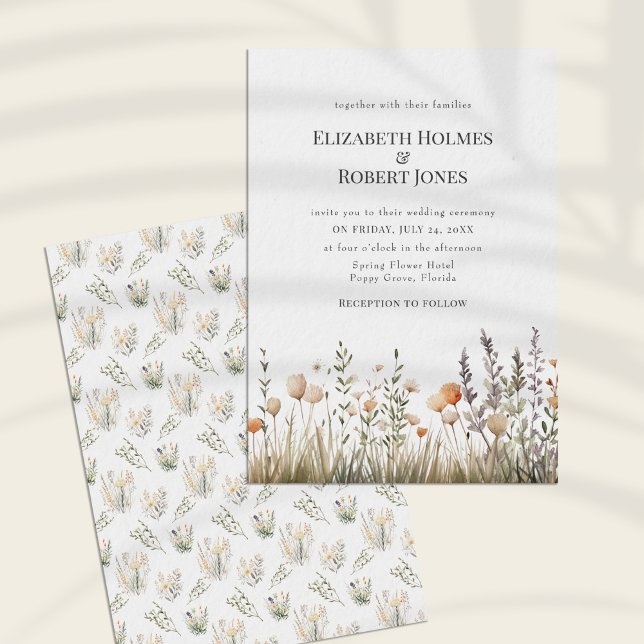 Convites Peach Watercolor Wildflower Weditation (Peach Watercolor Wildflower Wedding Invitation on a sunny white table.)