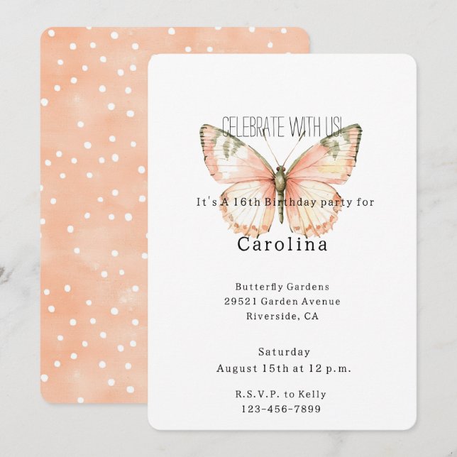 Convites Peach White Dots Butterfly Birthday (Frente/Verso)