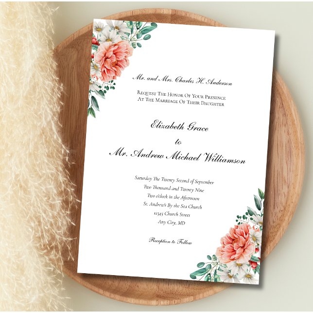 Convites Peach White Greenery Floral Elegante Formal Casame (Peach White Greenery Eucalyptus Wedding invitation Formal Traditional Classy Printed or Digital )