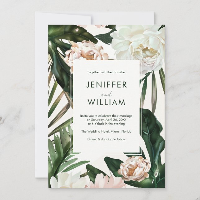 Convites Peach White Peonies e Green Deixa Casamento Floral (Frente)