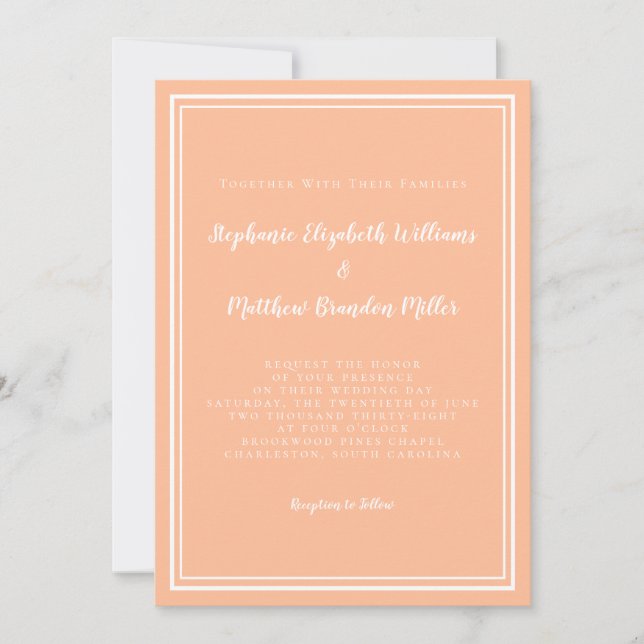 Convites Peach White Wedding Simple Minimalist Modern Chic (Frente)