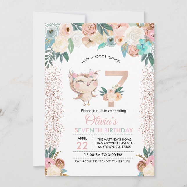 Convites Peachy Owl Sétimo Aniversário (Frente)