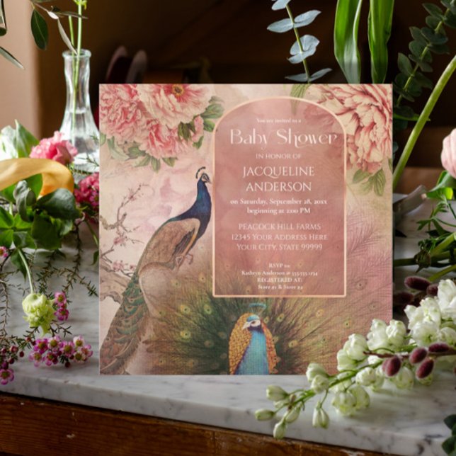 Convites Peacock Arch Blush Pink Peony Flower Chá de fralda (Criador carregado)