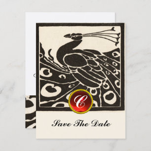 CONVITES PEACOCK BRANCO ELEGANTE PRETO, MONOGRAMA GEM RUBY 