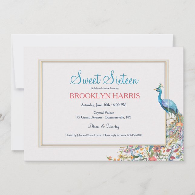 Convites Peacock Doce Dezesseis Festas de aniversário (Frente)