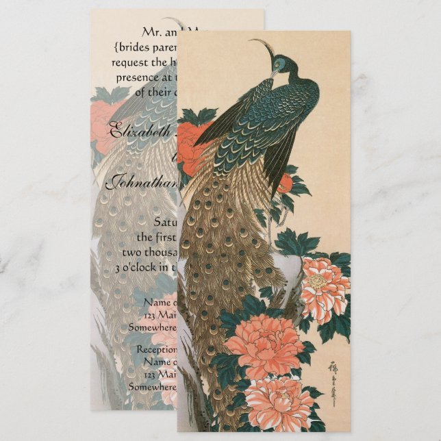 Convites Peacock e Peonies por Casamento Hiroshige (Frente/Verso)