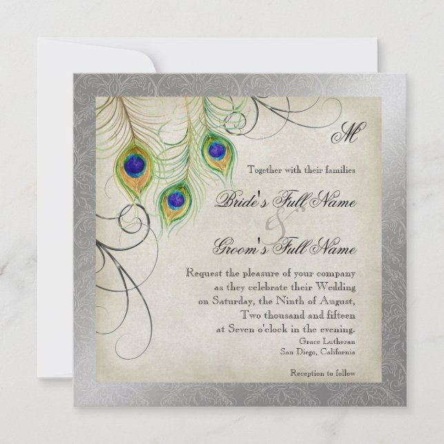 Convites Peacock Feather Casamento tema damasco Stationery (Frente)